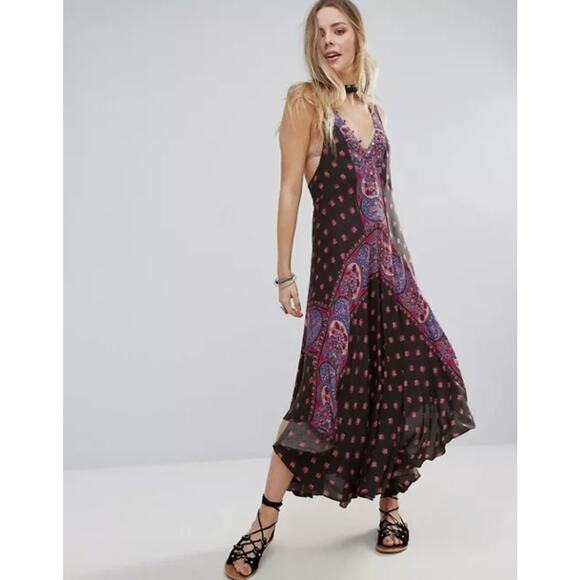 Free People Black Floral Midi Slip Dress - Picture 1 of 8